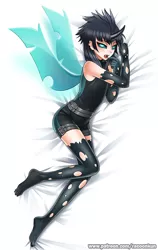 Size: 700x1106 | Tagged: ambiguous gender, androgynous, artist:racoonsan, body pillow, body pillow design, changeling, clothes, derpibooru import, evening gloves, feet, femboy, gloves, horned humanization, human, humanized, lying down, male, male feet, safe, shirt, shorts, side, solo, stockings, the times they are a changeling, thorax, torn clothes, t-shirt, winged humanization