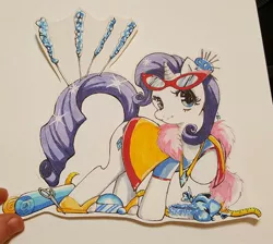 Size: 960x862 | Tagged: safe, artist:spirit-woods, derpibooru import, rarity, unicorn, clothes, fabric, female, glasses, jewelry, mare, marker drawing, necklace, rock candy, scissors, simple background, solo, traditional art, white background