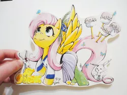 Size: 4320x3240 | Tagged: safe, artist:spirit-woods, derpibooru import, angel bunny, fluttershy, butterfly, goat, mouse, pegasus, pony, rabbit, candy, clothes, cute, female, food, gummy bears, mare, marker drawing, pantyhose, shirt, skirt, socks, spread wings, traditional art