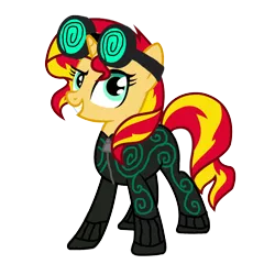 Size: 1152x1152 | Tagged: safe, artist:motownwarrior01, derpibooru import, sunset shimmer, oc, oc:mez-mare-a, pony, unicorn, crossover, goggles, simple background, solo, supervillain, transparent background, villainess