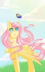 Size: 800x1280 | Tagged: artist:miiv12, butterfly, derpibooru import, fluttershy, heterochromia, looking at something, looking up, safe, solo, spread wings, standing, windswept hair, windswept mane