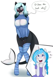 Size: 2000x2884 | Tagged: anthro, anthro oc, artist:askbubblelee, clothes, derpibooru import, female, hybrid, lesbian, makolee, merpony, oc, oc:brooke, oc:bubble lee, oc:imago, oc:mako, open-chest sweater, orca pony, original species, rule 63, simple background, socks, striped socks, suggestive, sweater, transparent background, unofficial characters only