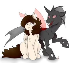 Size: 2849x2501 | Tagged: safe, artist:kobayashi-maruu, derpibooru import, oc, oc:apple pop, oc:vatonem, unofficial characters only, changeling, pegasus, pony, changeling oc, female, licking, licking lips, male, raised hoof, red changeling, sitting, tongue out