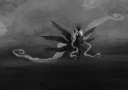 Size: 1000x704 | Tagged: safe, artist:cosmicunicorn, derpibooru import, oc, unofficial characters only, alicorn, pony, seraph, seraphicorn, alicorn oc, black and white, crown, grayscale, jewelry, monochrome, multiple eyes, multiple wings, regalia, solo