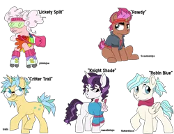 Size: 1090x838 | Tagged: artist:dbkit, derpibooru import, feedback requested, g1, g1 to g4, generation leap, knight shade, lickety split, oc, oc:critter trail, oc:robin blue, oc:rowdy, offspring, parent:donut joe, parent:fluttershy, parent:pinkie pie, parent:prince blueblood, parents:blueshy, parent:scootaloo, parent:snails, parent:snips, parents:pinkiejoe, parents:scootasnips, parents:tenderbelle, parents:trails, parent:trixie, safe, sketch, sketch dump, unofficial characters only, wip