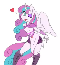 Size: 829x902 | Tagged: safe, artist:ambris, color edit, derpibooru import, edit, princess flurry heart, alicorn, anthro, ;p, boots, clothes, colored, curved horn, dress, eyeshadow, female, heart, heart eyes, looking at you, makeup, older, older flurry heart, one eye closed, princess emo heart, shorts, simple background, spread wings, teasing, teenage flurry heart, teenager, tongue out, white background, wingding eyes, wink