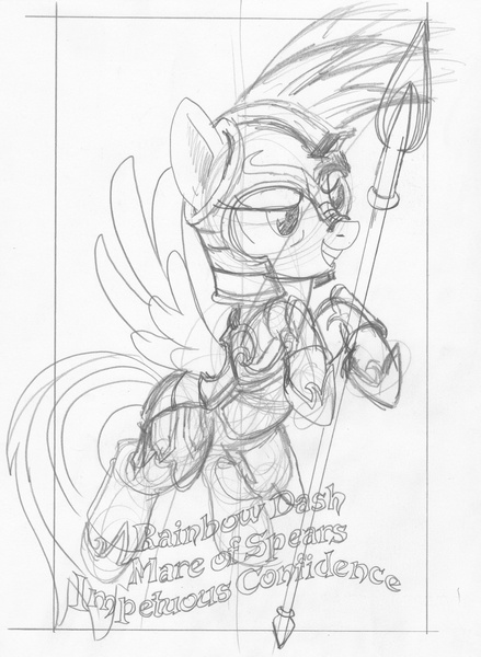 Size: 1191x1629 | Tagged: safe, artist:ciaran, derpibooru import, rainbow dash, pegasus, pony, armor, flying, monochrome, sketch, smiling, solo, spear, spread wings, tarot card, tarot:once upon a time, traditional art, weapon