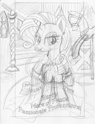 Size: 1269x1652 | Tagged: safe, artist:ciaran, derpibooru import, rarity, pony, unicorn, clothes, door, dress, mannequin, monochrome, sketch, solo, staircase, tarot card, tarot:once upon a time, traditional art