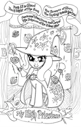 Size: 1389x2166 | Tagged: safe, artist:ciaran, derpibooru import, trixie, pony, unicorn, curtains, food, lineart, looking at you, monochrome, pomegranate, scroll, smiling, solo, stage, tarot card, tarot:once upon a time, trixie's hat