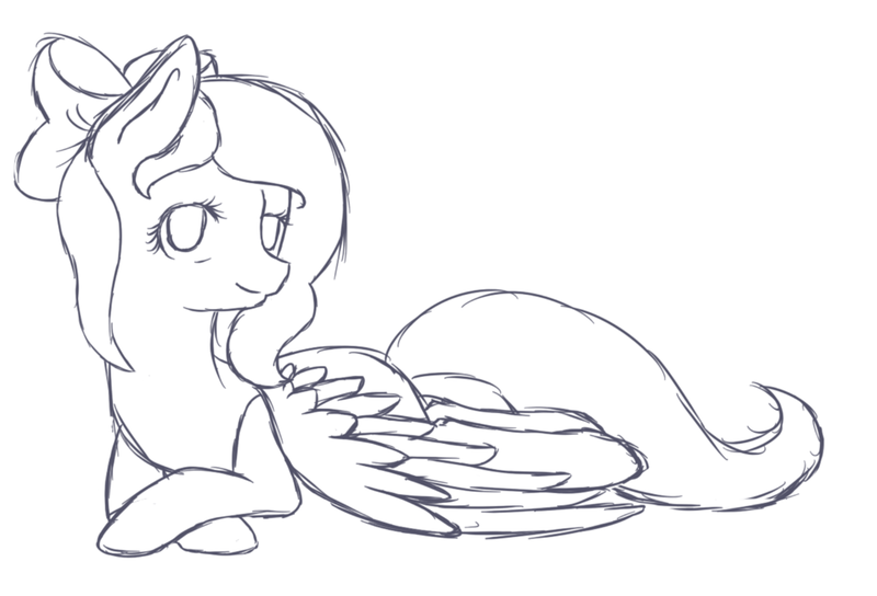 Size: 1024x696 | Tagged: safe, artist:lemonlou, derpibooru import, oc, oc:vanilla ganache, unofficial characters only, pegasus, pony, lying down, monochrome, sketch, solo