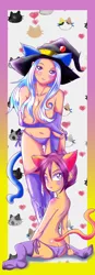 Size: 956x2740 | Tagged: artist:0ryomamikado0, belly button, breasts, busty trixie, cat, cat tail, clothes, derpibooru import, eared humanization, female, four ears, godiva hair, human, humanized, kemonomimi, lingerie, looking at you, looking back, neko, nekomimi, panties, purple underwear, scootaloo, side knot underwear, socks, strategically covered, suggestive, tail, tailed humanization, topless, trixie, underwear