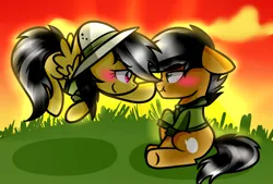 Size: 1024x691 | Tagged: artist:artypaints, blushing, boop, daring do, daringpants, derpibooru import, female, male, quibble pants, safe, scrunchy face, shipping, straight, stranger than fan fiction, that was fast