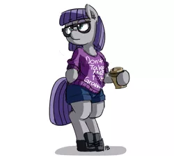 Size: 1280x1192 | Tagged: safe, artist:pabbley, derpibooru import, maud pie, pony, 30 minute art challenge, bipedal, clothes, coffee, glasses, hipster, simple background, solo, white background