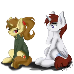 Size: 894x894 | Tagged: safe, artist:dr-whiskey, derpibooru import, oc, oc:katya ironstead, oc:miles, unofficial characters only, alicorn, pony, alicorn oc, blue eyes, clothes, cute, duo, embarrassed, eyes on the prize, jacket, plot, ponytail, red eyes