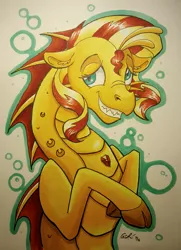 Size: 927x1280 | Tagged: artist:couchcrusader, derpibooru import, safe, siren, sirenified, solo, species swap, sunset shimmer, sunset siren, traditional art