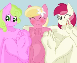 Size: 980x800 | Tagged: suggestive, anonymous artist, derpibooru import, daisy, flower wishes, lily, lily valley, roseluck, anthro, plantigrade anthro, barefoot, blushing, breasts, busty daisy, busty lily valley, busty roseluck, feet, feet together, feet up, female, flower trio, foot fetish, foot focus, legs in air, nudity, soles, toes, tongue out