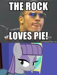 Size: 500x656 | Tagged: safe, derpibooru import, edit, edited screencap, screencap, maud pie, earth pony, human, pony, rock solid friendship, crack shipping, dwayne johnson, exploitable meme, female, food, image macro, impact font, irl, irl human, male, maudwayne, meme, memegenerator, photo, pie, shipping, smiling, sports, the rock, watermark, wrestling, wwe