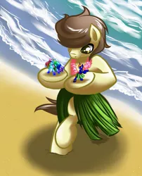 Size: 1033x1280 | Tagged: safe, derpibooru import, oc, oc:city sweep, oc:star bright, unofficial characters only, earth pony, pony, unicorn, beach, clothes, dancing, female, giant pony, grass skirt, hooves, hula, hula dance, macro, male, mare, micro, sand, size difference, skirt, stallion, tiny, tiny ponies