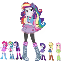 Size: 720x740 | Tagged: safe, artist:tsundra, derpibooru import, applejack, fluttershy, pinkie pie, rainbow dash, rarity, twilight sparkle, twilight sparkle (alicorn), oc, oc:harmonious elemental, equestria girls, appleflaritwidashpie, face of mercy, fusion, giantess, humane six, macro, simple background, size comparison, transparent background, we have become one