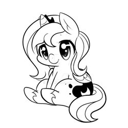 Size: 1024x1024 | Tagged: safe, artist:tamabel, derpibooru import, princess luna, cute, deviantart watermark, filly, lineart, lunabetes, monochrome, obtrusive watermark, simple background, sitting, solo, watermark, white background, woona