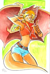Size: 1491x2204 | Tagged: anthro, applejack, armpits, artist needed, belly button, clothes, crossover, daisy dukes, derpibooru import, front knot midriff, gargoyle, gargoyles, grin, midriff, one eye closed, safe, shorts, smiling, solo, species swap, traditional art, wink