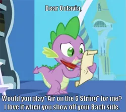 Size: 511x453 | Tagged: suggestive, derpibooru import, edit, edited screencap, editor:scrounge, screencap, octavia melody, spike, dragon, friendship is magic, caption, exploitable meme, image macro, letter, male, meme, pun, quill, spike's love letters, spiketavia, tongue out