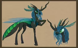 Size: 1000x610 | Tagged: alternate design, artist:basiliskfree, brown background, changeling, changeling queen, derpibooru import, insect, mandibles, queen chrysalis, realistic, safe, simple background, solo