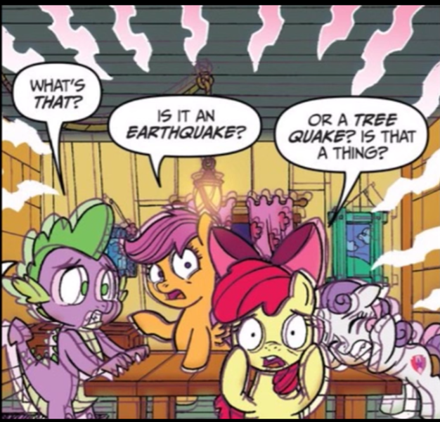 Size: 1688x1618 | Tagged: safe, artist:tonyfleecs, derpibooru import, idw, apple bloom, scootaloo, spike, sweetie belle, dragon, earth pony, pegasus, pony, unicorn, ponies of dark water, spoiler:comic, spoiler:comic43, cropped, cutie mark crusaders, earthquake, female, filly, foal, male, official comic, quartet, shaking, speech bubble