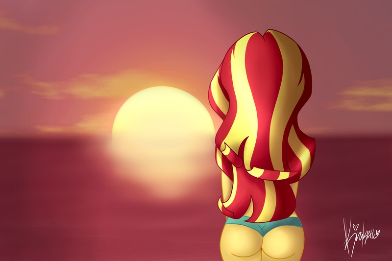 Size: 4500x3000 | Tagged: suggestive, artist:kirakirtle, derpibooru import, sunset shimmer, equestria girls, absurd resolution, ass, behind, bikini, bunset shimmer, clothes, green swimsuit, ocean, pun, reflection, signature, solo, sunset, swimsuit, thong swimsuit, visual pun, water