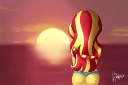 Size: 4500x3000 | Tagged: suggestive, artist:kirakirtle, derpibooru import, sunset shimmer, equestria girls, absurd resolution, ass, behind, bikini, bunset shimmer, clothes, green swimsuit, ocean, pun, reflection, signature, solo, sunset, swimsuit, thong swimsuit, visual pun, water