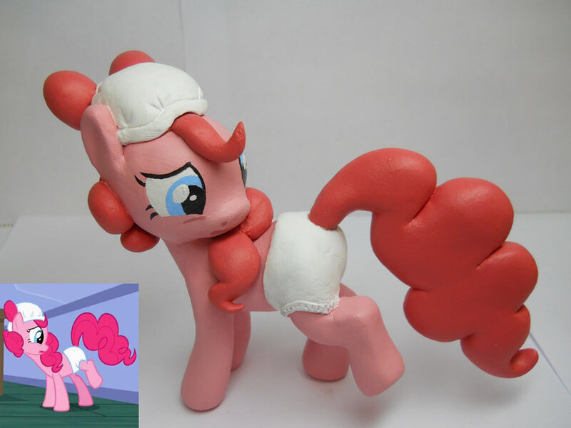 Size: 900x675 | Tagged: adult foal, artist:earthenpony, baby cakes, derpibooru import, diaper, diaper on head, pinkie pie, safe, scene interpretation, sculpture, traditional art