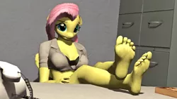 Size: 3840x2160 | Tagged: 3d, anthro, artist:reufmet, barefoot, crossed legs, derpibooru import, feet, feet on table, fluttershy, foot fetish, foot focus, looking at you, plantigrade anthro, soles, solo, source filmmaker, suggestive, toes