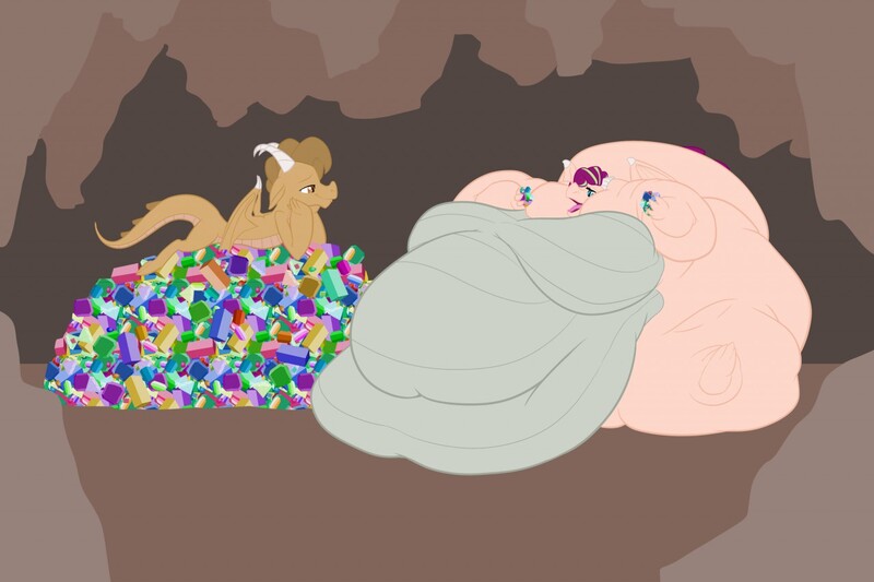 Size: 1280x853 | Tagged: artist:calorie, bingo wings, blob, breasts, cave, chubby chaser, chubby cheeks, derpibooru import, dragon, dragonified, eating, fat, fat boobs, fat tail, feedee, feeder, flabby chest, gem, immobile, impossibly obese, large belly, large butt, morbidly obese, obese, oc, oc:blurblob, oc:nova shine, questionable, rolls of fat, species swap, unofficial characters only