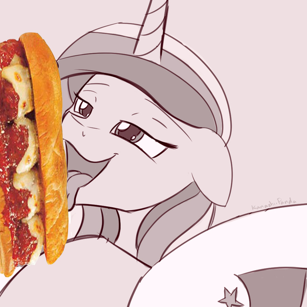 Size: 1000x1000 | Tagged: questionable, artist:kanashiipanda, derpibooru import, edit, princess cadance, shining armor, pony, bedroom eyes, floppy ears, food, licking, not porn, open mouth, partial color, sandwich, sandwich censorship, smiling, suggestive eating, tongue out