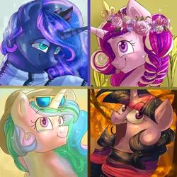 Size: 3000x3000 | Tagged: safe, artist:segraece, derpibooru import, princess cadance, princess celestia, princess luna, twilight sparkle, twilight sparkle (alicorn), alicorn, pony, :p, alicorn tetrarchy, alternate hairstyle, autumn, braid, clothes, floral head wreath, flower, flower in hair, hat, scarf, seasons, silly, silly pony, smiling, spring, summer, sunburn, sunglasses, tongue out, winter