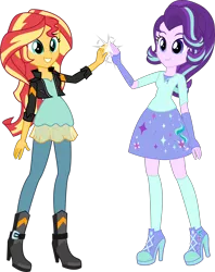 Size: 4567x5758 | Tagged: safe, artist:osipush, derpibooru import, starlight glimmer, sunset shimmer, equestria girls, absurd resolution, boots, clothes, commission, cute, equestria girls-ified, fingerless gloves, gloves, happy, high heel boots, high heels, hilarious in hindsight, leather jacket, shoes, skirt, smiling, socks, twilight's counterparts