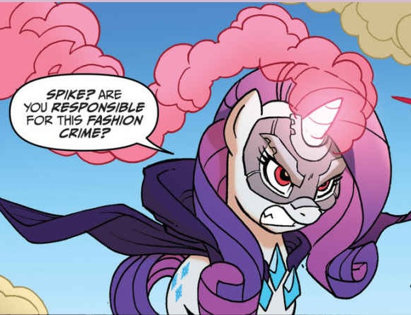 Size: 580x445 | Tagged: safe, artist:tonyfleecs, derpibooru import, idw, rarity, pony, ponies of dark water, spoiler:comic, spoiler:comic44, angry, cloak, clothes, cropped, doctor doom, doctor doomity, female, infected, mare, mask, official comic, red eyes, smoke, smoking horn, solo, speech bubble