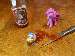 Size: 4032x3024 | Tagged: semi-grimdark, derpibooru import, pinkie pie, rainbow dash, blood, decapitated, emoji, fake blood, food, grimderp, heart eyes, ketchup, knife, mymoji, sauce, severed head, spicy, toy, toy abuse, wingding eyes, wood