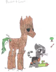 Size: 3060x3960 | Tagged: artist:aridne, derpibooru import, groot, guardians of the galaxy, marvel comics, ponified, rocket raccoon, safe