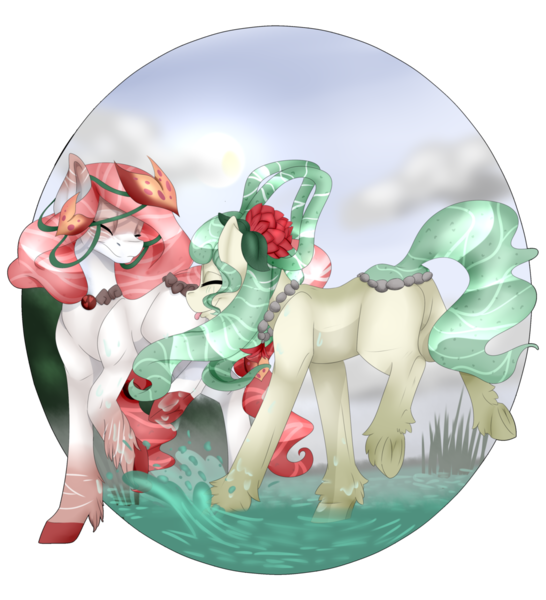 Size: 1024x1126 | Tagged: artist:doodle-28, derpibooru import, duo, eyes closed, oc, oc:lotus plaza, oc:noi, original species, pond pony, safe, unofficial characters only, water