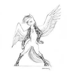Size: 1200x1367 | Tagged: safe, artist:baron engel, derpibooru import, rainbow dash, pony, bipedal, boots, both cutie marks, clothes, grayscale, jacket, monochrome, pencil drawing, smirk, solo, spread wings, story in the source, traditional art