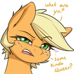 Size: 1200x1200 | Tagged: safe, artist:captainpudgemuffin, derpibooru import, applejack, earth pony, pony, alternate hairstyle, bigotjack, dialogue, explicit source, female, freckles, homophobia, image, mare, open mouth, out of character, pixie cut, png, queer, reaction image, simple background, slur, solo, white background