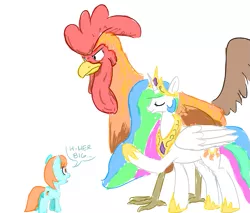 Size: 821x699 | Tagged: suggestive, artist:unsavorydom, derpibooru import, peach fuzz, princess celestia, alicorn, chicken, earth pony, pony, eyes closed, female, filly, frown, giant cock, glare, hilarious in hindsight, image, literal, macro, mare, open mouth, png, pointing, pun, rooster, shocked, simple background, smiling, speech bubble, visual pun, white background, wide eyes