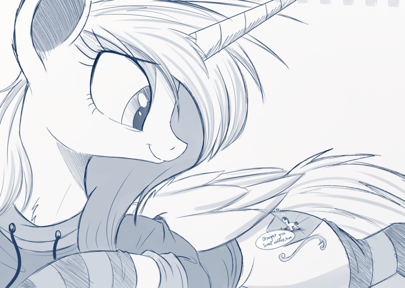 Size: 2000x1422 | Tagged: safe, artist:ncmares, derpibooru import, princess cadance, shining armor, pony, big-pon, clothes, coffee, cute, giant pony, giantess, hoodie, macro, magic, mega cadance, monochrome, prone, size difference, smiling, socks, striped socks, telekinesis