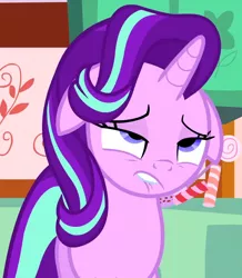 Size: 586x672 | Tagged: safe, derpibooru import, screencap, starlight glimmer, pony, unicorn, no second prances, cropped, eyes rolling back, faic, female, floppy ears, frown, lidded eyes, lip bite, mare, out of context, reaction image, solo