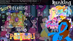 Size: 1920x1080 | Tagged: safe, derpibooru import, applejack, fluttershy, pinkie pie, princess celestia, rainbow dash, rarity, twilight sparkle, oc, oc:sandra garcia, alicorn, equestria girls, alicorn oc, celebrating, cheering, mane six, osu!, results, rhythm game, victory