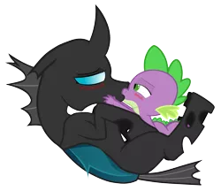 Size: 2765x2392 | Tagged: artist:unbiased philosopher, bedroom eyes, blushing, changeling, derpibooru import, dragon, eye contact, floppy ears, gay, interspecies, kissing, male, on back, safe, shipping, simple background, spike, spikeling, that was fast, the times they are a changeling, thorax, thoraxspike, transparent background, vector trace