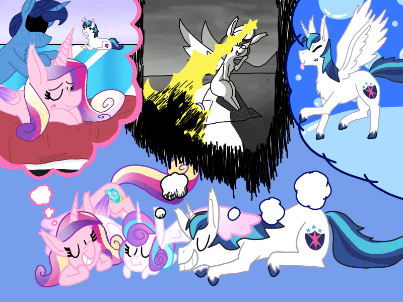 Size: 800x600 | Tagged: questionable, semi-grimdark, artist:dragonpone, derpibooru import, night light, princess cadance, princess flurry heart, shining armor, alicorn, pony, unicorn, alicornified, animated, bed, blushing, cuckolding, dancing, dirty thoughts, evil, evil flurry heart, evil grin, eyes closed, female, happy, infidelity, magic, male, nightdance, older, prince shining armor, princess cadance is always horny, princess cheatdance, prone, race swap, sex, shining cuck, shipping, smiling, straight, thought bubble, tongue out