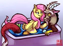 Size: 1000x737 | Tagged: suggestive, artist:rattlesire, derpibooru import, discord, fluttershy, bath, bathtub, butt grab, discoshy, female, flutterbutt, grope, hand on butt, male, shipping, straight, wine glass