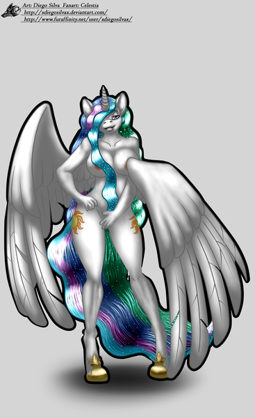 Size: 2200x3600 | Tagged: anthro, artist:xdiegosilvax, bedroom eyes, breasts, busty princess celestia, derpibooru import, female, godiva hair, gray background, hair over one eye, nipples, nudity, princess celestia, questionable, shadow, simple background, solo, solo female, strategically covered, unguligrade anthro, wing censor